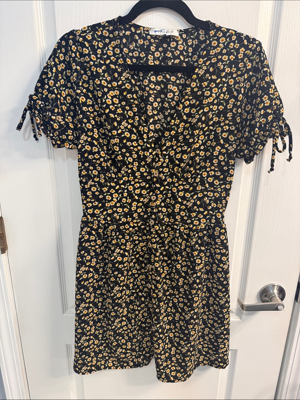 Purple Snow Black Mini Dress with Yellow Daisy Print